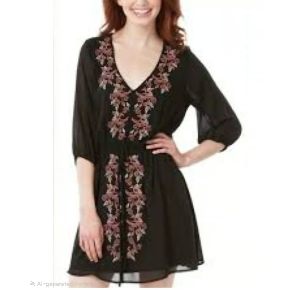 Heartsoul Mini Dress Black Pink Embroidered V-Neck Drawstring Waist Women Small